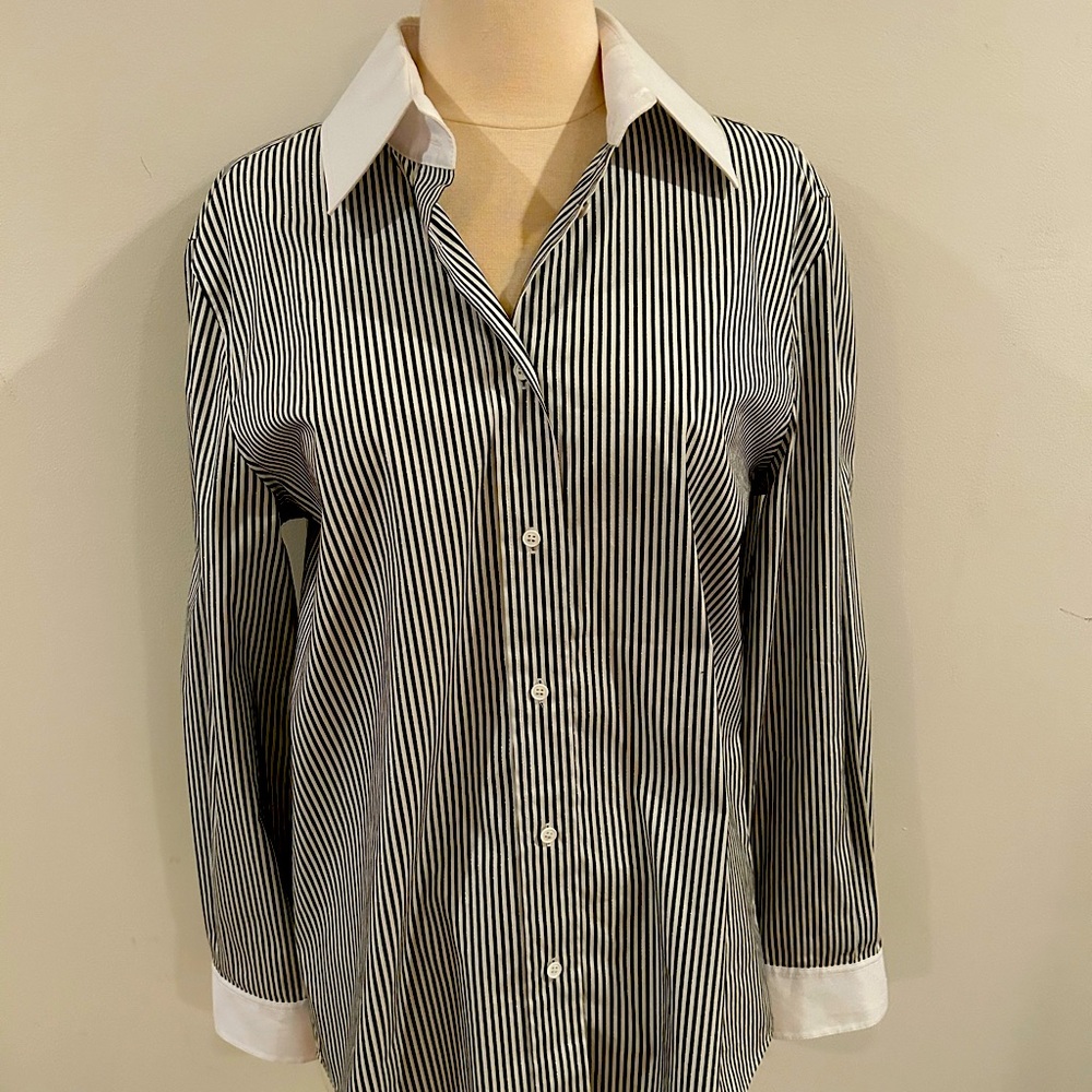 Chic Lafayette 148 button up black striped blouse.